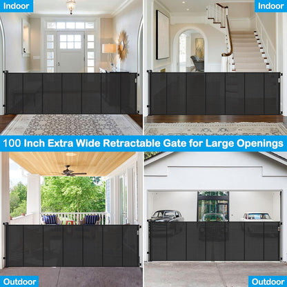 Reinforced 42" Extra Tall Retractable Dog Gate, 200" Extra Wide Baby Gate with Support Rods-Prevent Crawling Through, Outdoor/Indoor Baby Fence/Barrier/Blocker for Home, 16ft Retractable Garage Gate