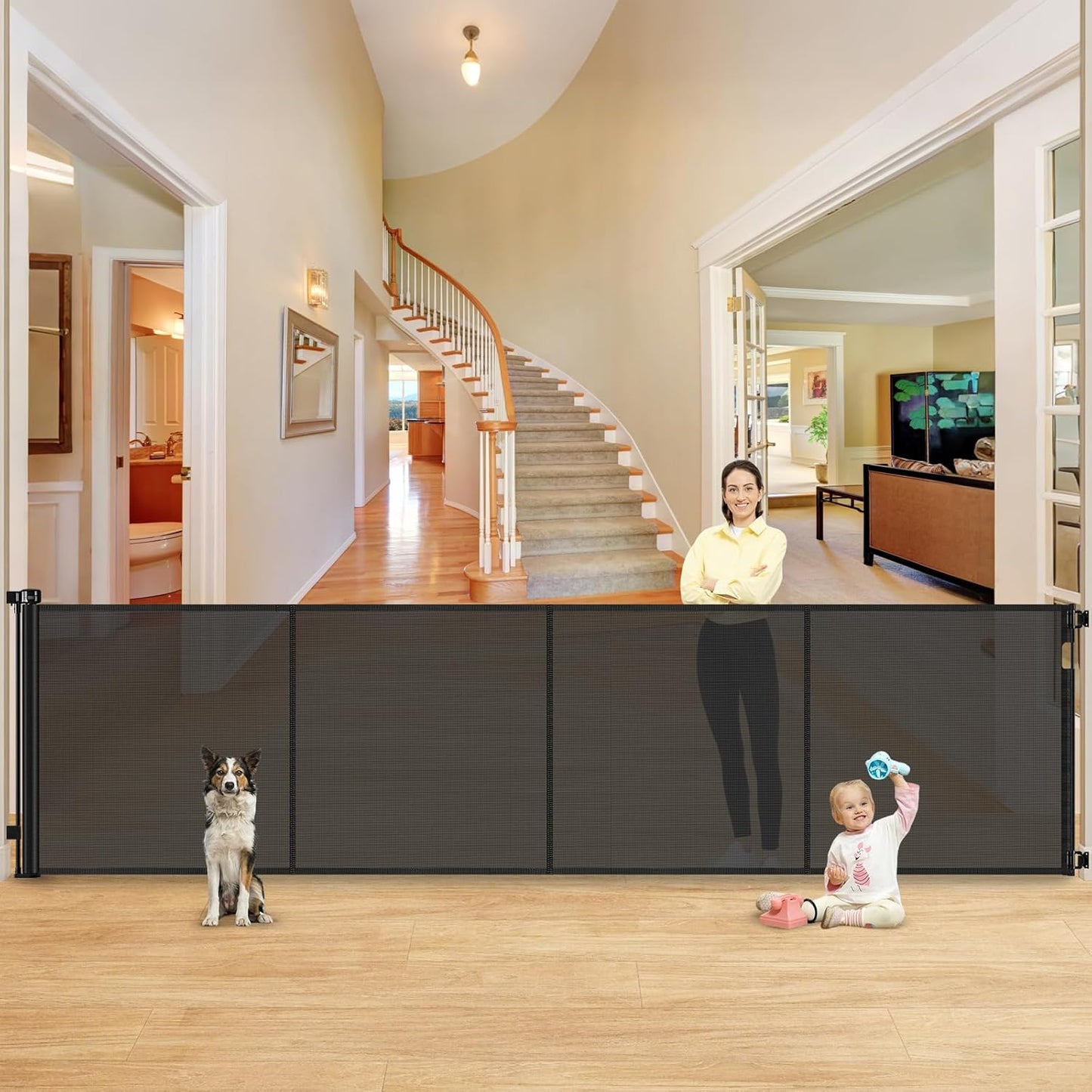Reinforced 42" Extra Tall Retractable Dog Gate, 200" Extra Wide Baby Gate with Support Rods-Prevent Crawling Through, Outdoor/Indoor Baby Fence/Barrier/Blocker for Home, 16ft Retractable Garage Gate