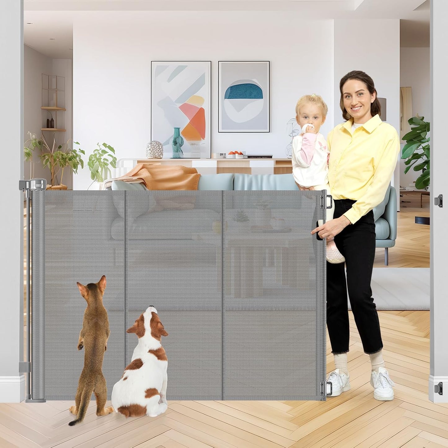 Reinforced 42" Extra Tall Retractable Dog Gate, 200" Extra Wide Baby Gate with Support Rods-Prevent Crawling Through, Outdoor/Indoor Baby Fence/Barrier/Blocker for Home, 16ft Retractable Garage Gate