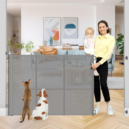 Reinforced 42" Extra Tall Retractable Dog Gate, 200" Extra Wide Baby Gate with Support Rods-Prevent Crawling Through, Outdoor/Indoor Baby Fence/Barrier/Blocker for Home, 16ft Retractable Garage Gate