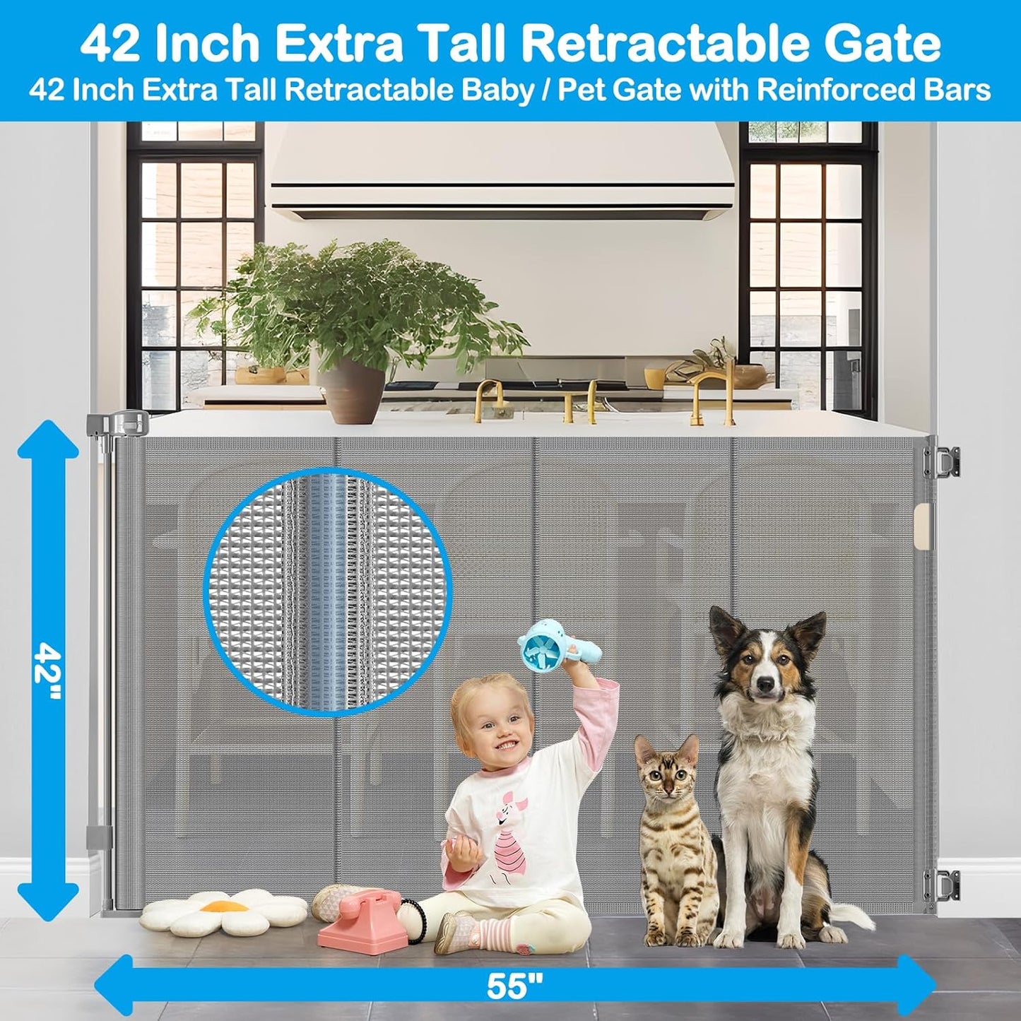 Reinforced 42" Extra Tall Retractable Dog Gate, 200" Extra Wide Baby Gate with Support Rods-Prevent Crawling Through, Outdoor/Indoor Baby Fence/Barrier/Blocker for Home, 16ft Retractable Garage Gate
