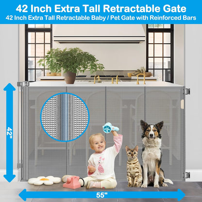 Reinforced 42" Extra Tall Retractable Dog Gate, 200" Extra Wide Baby Gate with Support Rods-Prevent Crawling Through, Outdoor/Indoor Baby Fence/Barrier/Blocker for Home, 16ft Retractable Garage Gate