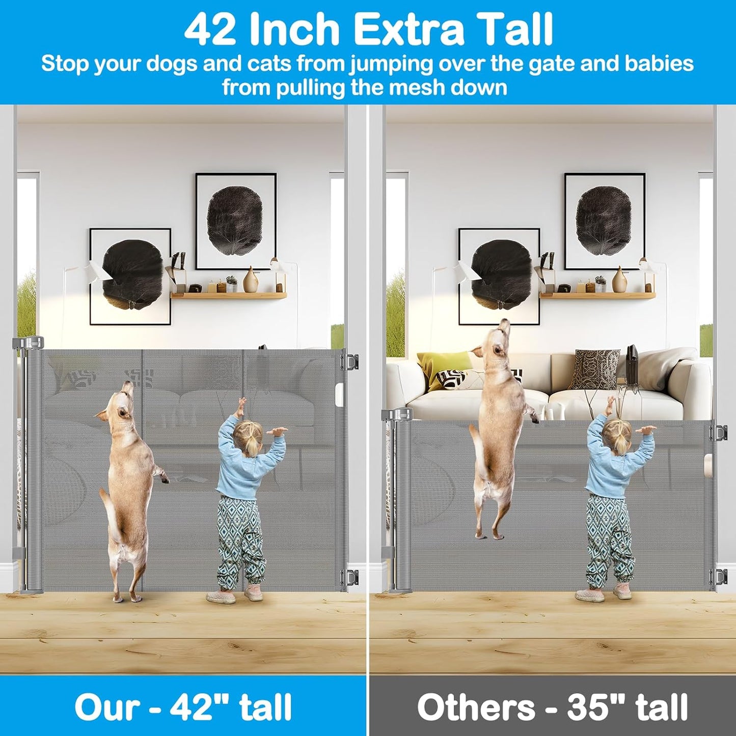 Reinforced 42" Extra Tall Retractable Dog Gate, 200" Extra Wide Baby Gate with Support Rods-Prevent Crawling Through, Outdoor/Indoor Baby Fence/Barrier/Blocker for Home, 16ft Retractable Garage Gate