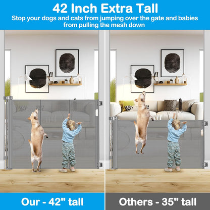 Reinforced 42" Extra Tall Retractable Dog Gate, 200" Extra Wide Baby Gate with Support Rods-Prevent Crawling Through, Outdoor/Indoor Baby Fence/Barrier/Blocker for Home, 16ft Retractable Garage Gate