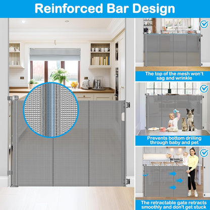 Reinforced 42" Extra Tall Retractable Dog Gate, 200" Extra Wide Baby Gate with Support Rods-Prevent Crawling Through, Outdoor/Indoor Baby Fence/Barrier/Blocker for Home, 16ft Retractable Garage Gate