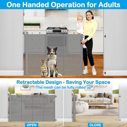 Reinforced 42" Extra Tall Retractable Dog Gate, 200" Extra Wide Baby Gate with Support Rods-Prevent Crawling Through, Outdoor/Indoor Baby Fence/Barrier/Blocker for Home, 16ft Retractable Garage Gate