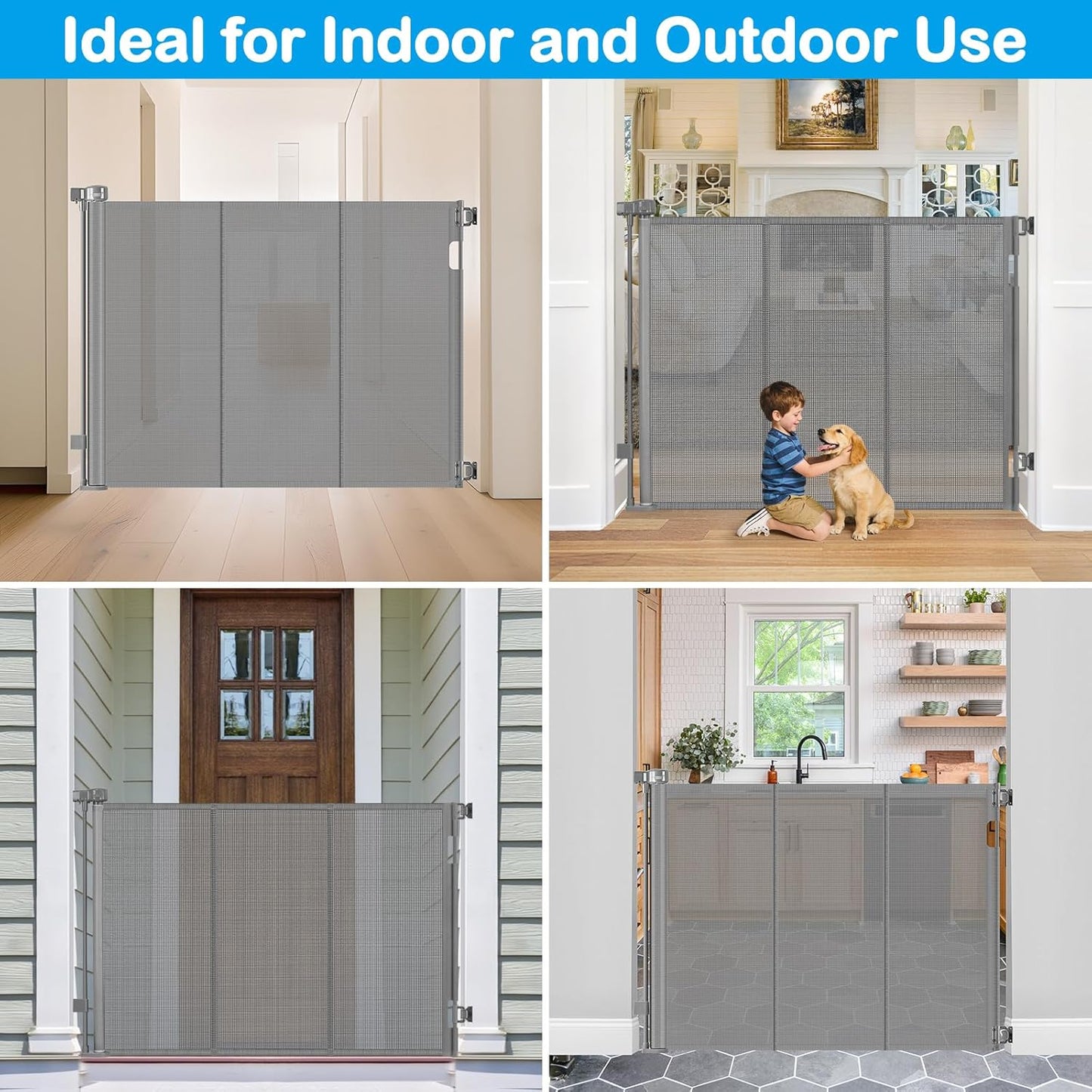 Reinforced 42" Extra Tall Retractable Dog Gate, 200" Extra Wide Baby Gate with Support Rods-Prevent Crawling Through, Outdoor/Indoor Baby Fence/Barrier/Blocker for Home, 16ft Retractable Garage Gate