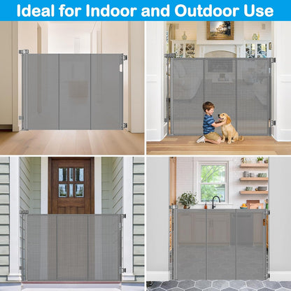 Reinforced 42" Extra Tall Retractable Dog Gate, 200" Extra Wide Baby Gate with Support Rods-Prevent Crawling Through, Outdoor/Indoor Baby Fence/Barrier/Blocker for Home, 16ft Retractable Garage Gate