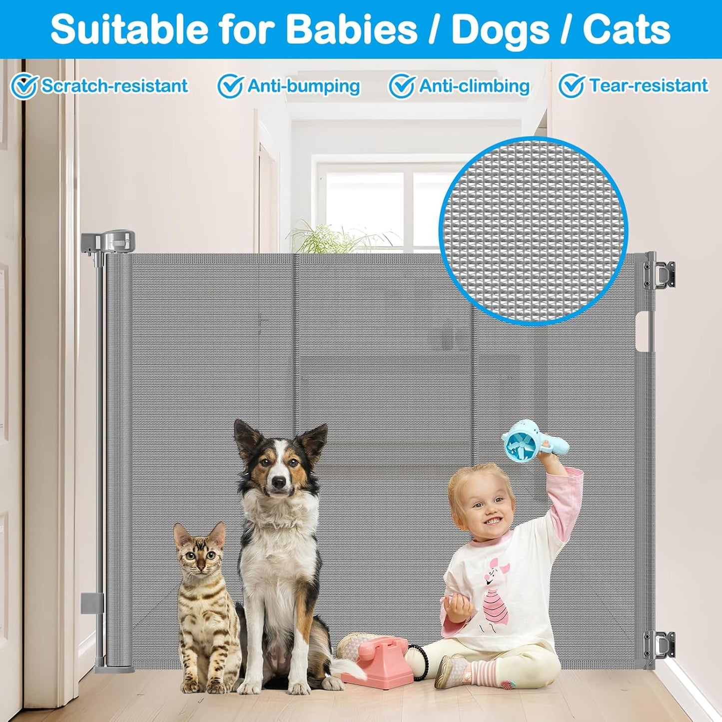 Reinforced 42" Extra Tall Retractable Dog Gate, 200" Extra Wide Baby Gate with Support Rods-Prevent Crawling Through, Outdoor/Indoor Baby Fence/Barrier/Blocker for Home, 16ft Retractable Garage Gate