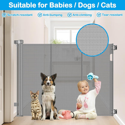 Reinforced 42" Extra Tall Retractable Dog Gate, 200" Extra Wide Baby Gate with Support Rods-Prevent Crawling Through, Outdoor/Indoor Baby Fence/Barrier/Blocker for Home, 16ft Retractable Garage Gate