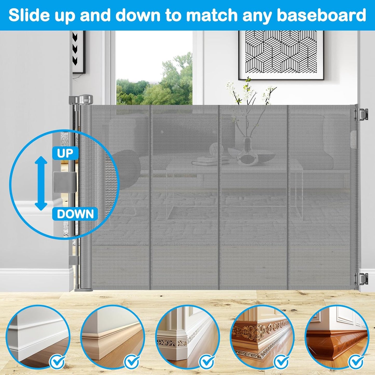 Reinforced 42" Extra Tall Retractable Dog Gate, 200" Extra Wide Baby Gate with Support Rods-Prevent Crawling Through, Outdoor/Indoor Baby Fence/Barrier/Blocker for Home, 16ft Retractable Garage Gate