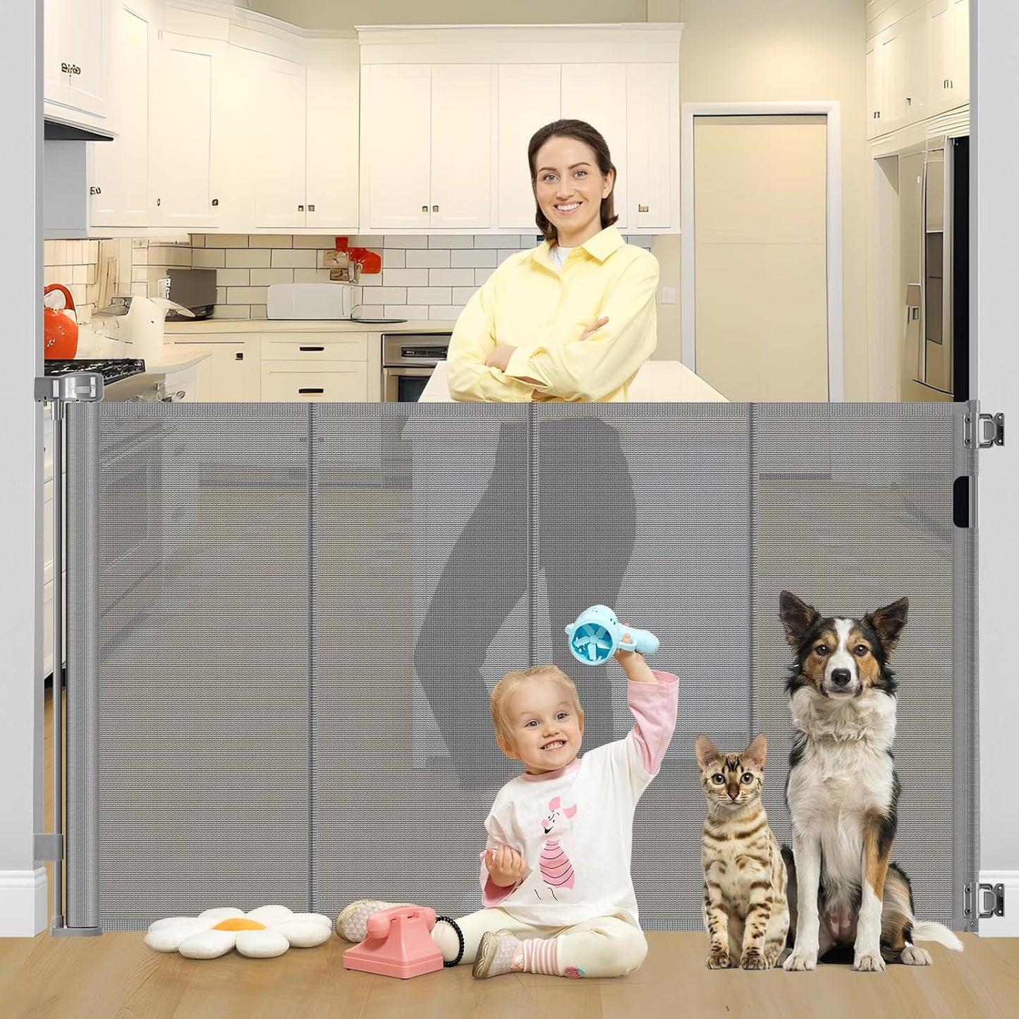 Reinforced 42" Extra Tall Retractable Dog Gate, 200" Extra Wide Baby Gate with Support Rods-Prevent Crawling Through, Outdoor/Indoor Baby Fence/Barrier/Blocker for Home, 16ft Retractable Garage Gate