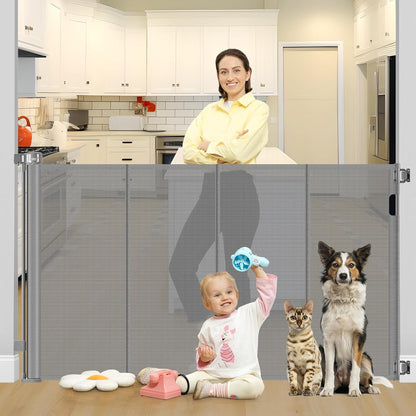 Reinforced 42" Extra Tall Retractable Dog Gate, 200" Extra Wide Baby Gate with Support Rods-Prevent Crawling Through, Outdoor/Indoor Baby Fence/Barrier/Blocker for Home, 16ft Retractable Garage Gate