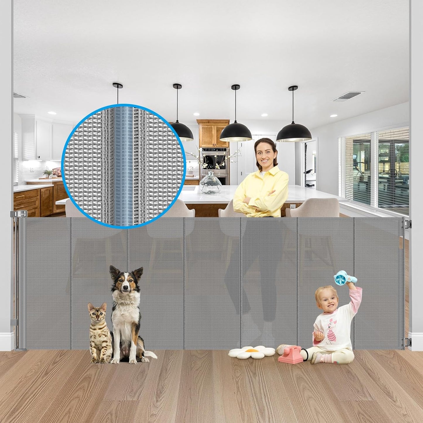 Reinforced 42" Extra Tall Retractable Dog Gate, 200" Extra Wide Baby Gate with Support Rods-Prevent Crawling Through, Outdoor/Indoor Baby Fence/Barrier/Blocker for Home, 16ft Retractable Garage Gate