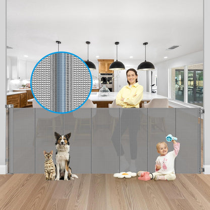 Reinforced 42" Extra Tall Retractable Dog Gate, 200" Extra Wide Baby Gate with Support Rods-Prevent Crawling Through, Outdoor/Indoor Baby Fence/Barrier/Blocker for Home, 16ft Retractable Garage Gate