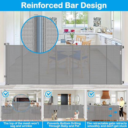 Reinforced 42" Extra Tall Retractable Dog Gate, 200" Extra Wide Baby Gate with Support Rods-Prevent Crawling Through, Outdoor/Indoor Baby Fence/Barrier/Blocker for Home, 16ft Retractable Garage Gate