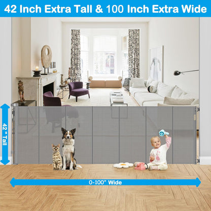 Reinforced 42" Extra Tall Retractable Dog Gate, 200" Extra Wide Baby Gate with Support Rods-Prevent Crawling Through, Outdoor/Indoor Baby Fence/Barrier/Blocker for Home, 16ft Retractable Garage Gate