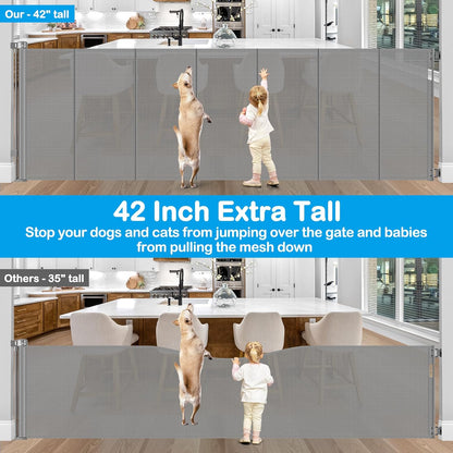 Reinforced 42" Extra Tall Retractable Dog Gate, 200" Extra Wide Baby Gate with Support Rods-Prevent Crawling Through, Outdoor/Indoor Baby Fence/Barrier/Blocker for Home, 16ft Retractable Garage Gate