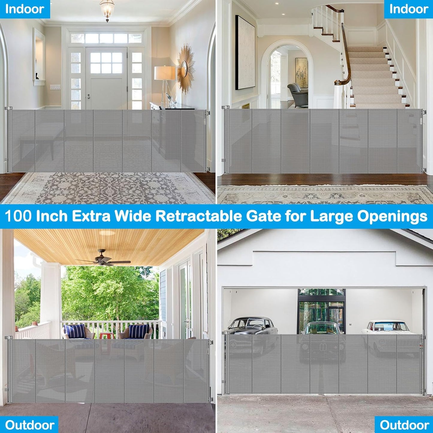 Reinforced 42" Extra Tall Retractable Dog Gate, 200" Extra Wide Baby Gate with Support Rods-Prevent Crawling Through, Outdoor/Indoor Baby Fence/Barrier/Blocker for Home, 16ft Retractable Garage Gate