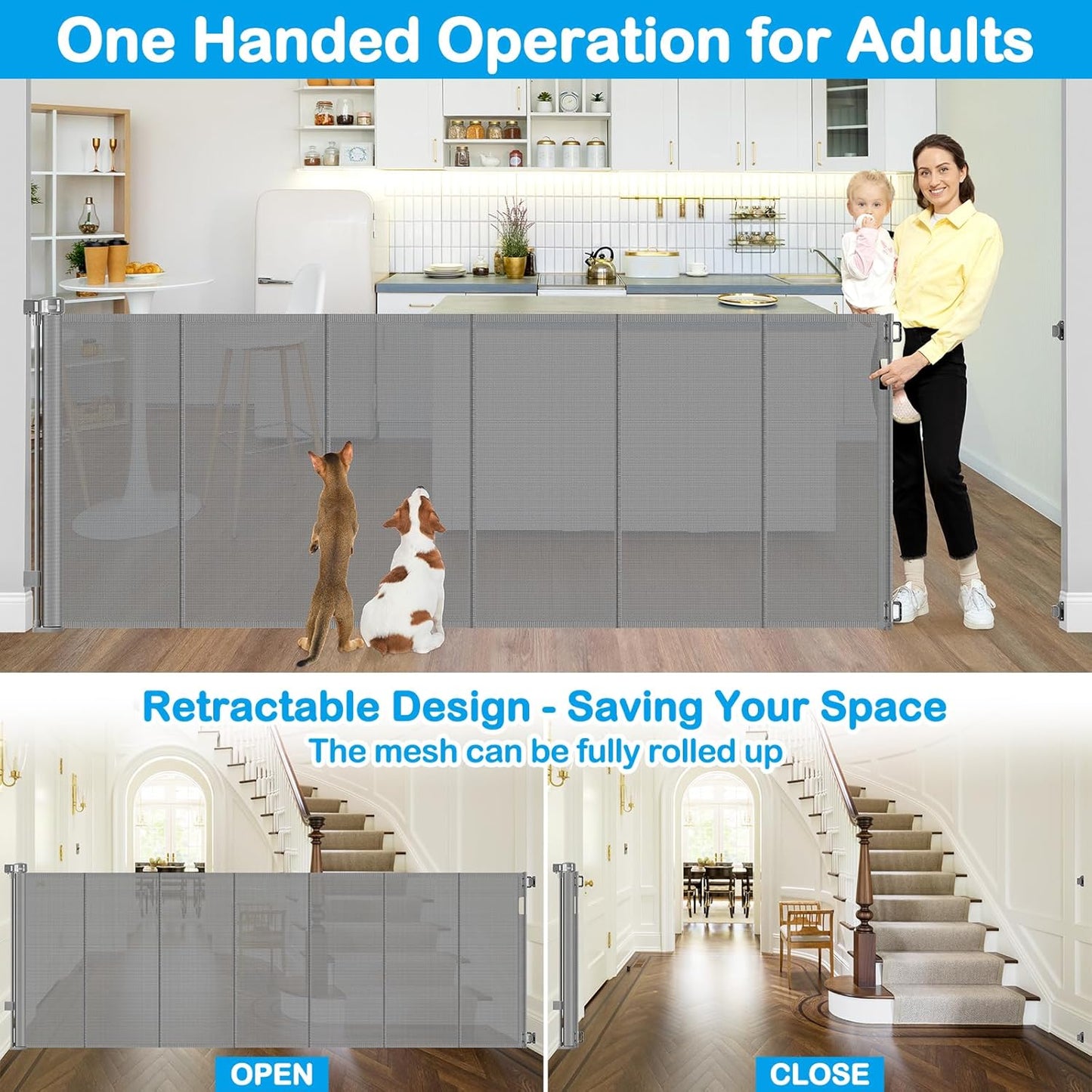 Reinforced 42" Extra Tall Retractable Dog Gate, 200" Extra Wide Baby Gate with Support Rods-Prevent Crawling Through, Outdoor/Indoor Baby Fence/Barrier/Blocker for Home, 16ft Retractable Garage Gate