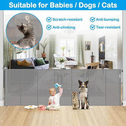 Reinforced 42" Extra Tall Retractable Dog Gate, 200" Extra Wide Baby Gate with Support Rods-Prevent Crawling Through, Outdoor/Indoor Baby Fence/Barrier/Blocker for Home, 16ft Retractable Garage Gate