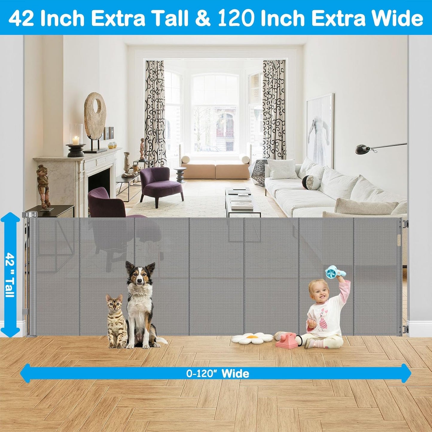 Reinforced 42" Extra Tall Retractable Dog Gate, 200" Extra Wide Baby Gate with Support Rods-Prevent Crawling Through, Outdoor/Indoor Baby Fence/Barrier/Blocker for Home, 16ft Retractable Garage Gate