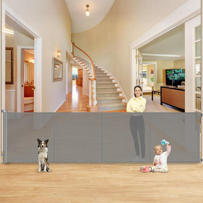 Reinforced 42" Extra Tall Retractable Dog Gate, 200" Extra Wide Baby Gate with Support Rods-Prevent Crawling Through, Outdoor/Indoor Baby Fence/Barrier/Blocker for Home, 16ft Retractable Garage Gate
