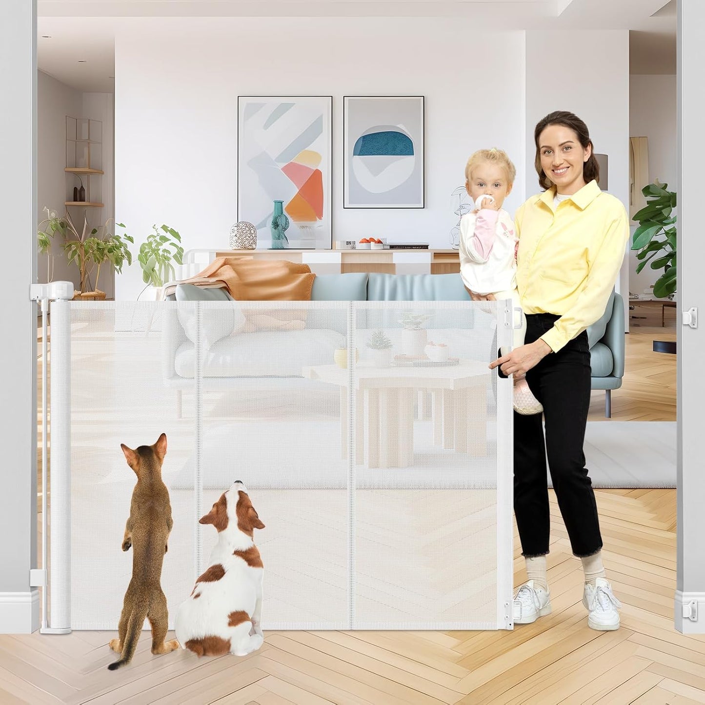 Reinforced 42" Extra Tall Retractable Dog Gate, 200" Extra Wide Baby Gate with Support Rods-Prevent Crawling Through, Outdoor/Indoor Baby Fence/Barrier/Blocker for Home, 16ft Retractable Garage Gate