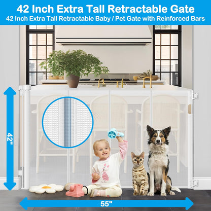 Reinforced 42" Extra Tall Retractable Dog Gate, 200" Extra Wide Baby Gate with Support Rods-Prevent Crawling Through, Outdoor/Indoor Baby Fence/Barrier/Blocker for Home, 16ft Retractable Garage Gate