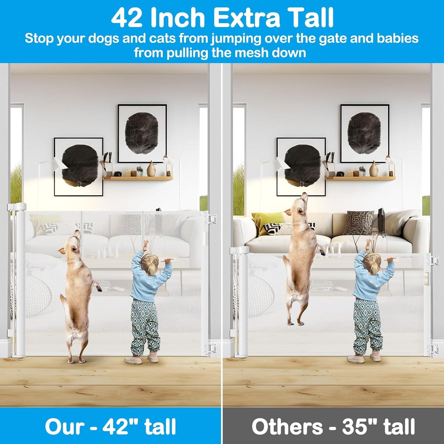 Reinforced 42" Extra Tall Retractable Dog Gate, 200" Extra Wide Baby Gate with Support Rods-Prevent Crawling Through, Outdoor/Indoor Baby Fence/Barrier/Blocker for Home, 16ft Retractable Garage Gate