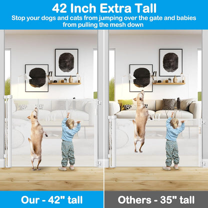 Reinforced 42" Extra Tall Retractable Dog Gate, 200" Extra Wide Baby Gate with Support Rods-Prevent Crawling Through, Outdoor/Indoor Baby Fence/Barrier/Blocker for Home, 16ft Retractable Garage Gate