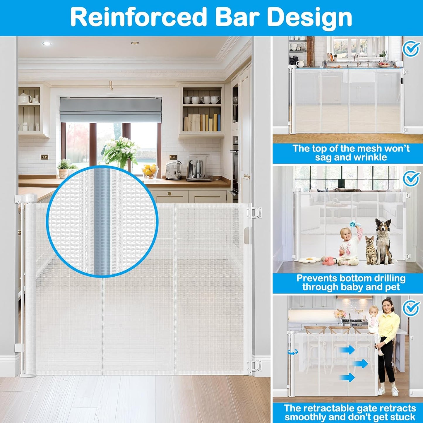 Reinforced 42" Extra Tall Retractable Dog Gate, 200" Extra Wide Baby Gate with Support Rods-Prevent Crawling Through, Outdoor/Indoor Baby Fence/Barrier/Blocker for Home, 16ft Retractable Garage Gate