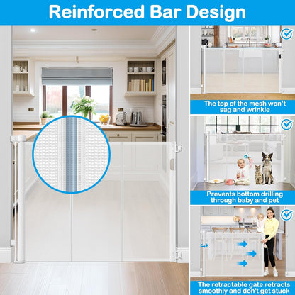 Reinforced 42" Extra Tall Retractable Dog Gate, 200" Extra Wide Baby Gate with Support Rods-Prevent Crawling Through, Outdoor/Indoor Baby Fence/Barrier/Blocker for Home, 16ft Retractable Garage Gate