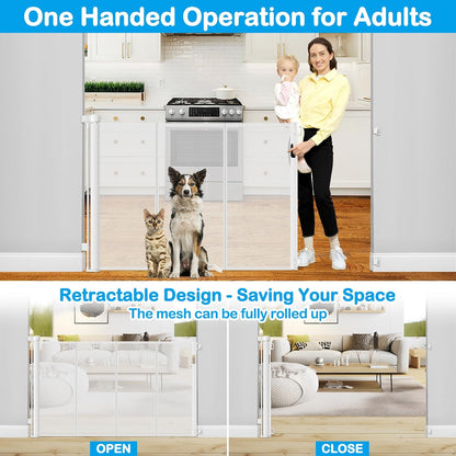 Reinforced 42" Extra Tall Retractable Dog Gate, 200" Extra Wide Baby Gate with Support Rods-Prevent Crawling Through, Outdoor/Indoor Baby Fence/Barrier/Blocker for Home, 16ft Retractable Garage Gate