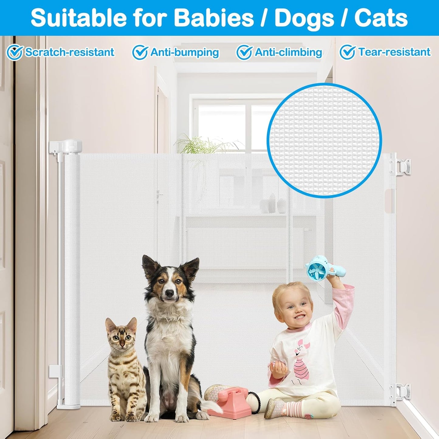 Reinforced 42" Extra Tall Retractable Dog Gate, 200" Extra Wide Baby Gate with Support Rods-Prevent Crawling Through, Outdoor/Indoor Baby Fence/Barrier/Blocker for Home, 16ft Retractable Garage Gate