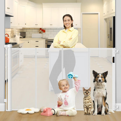 Reinforced 42" Extra Tall Retractable Dog Gate, 200" Extra Wide Baby Gate with Support Rods-Prevent Crawling Through, Outdoor/Indoor Baby Fence/Barrier/Blocker for Home, 16ft Retractable Garage Gate