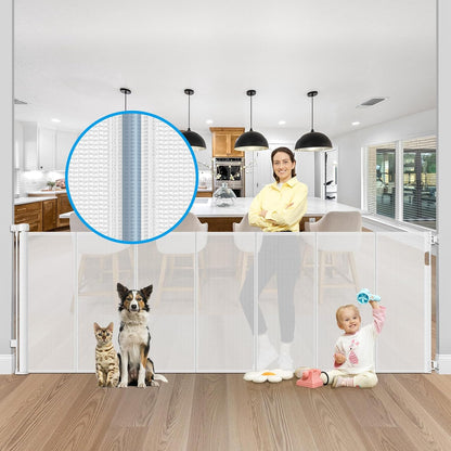 Reinforced 42" Extra Tall Retractable Dog Gate, 200" Extra Wide Baby Gate with Support Rods-Prevent Crawling Through, Outdoor/Indoor Baby Fence/Barrier/Blocker for Home, 16ft Retractable Garage Gate