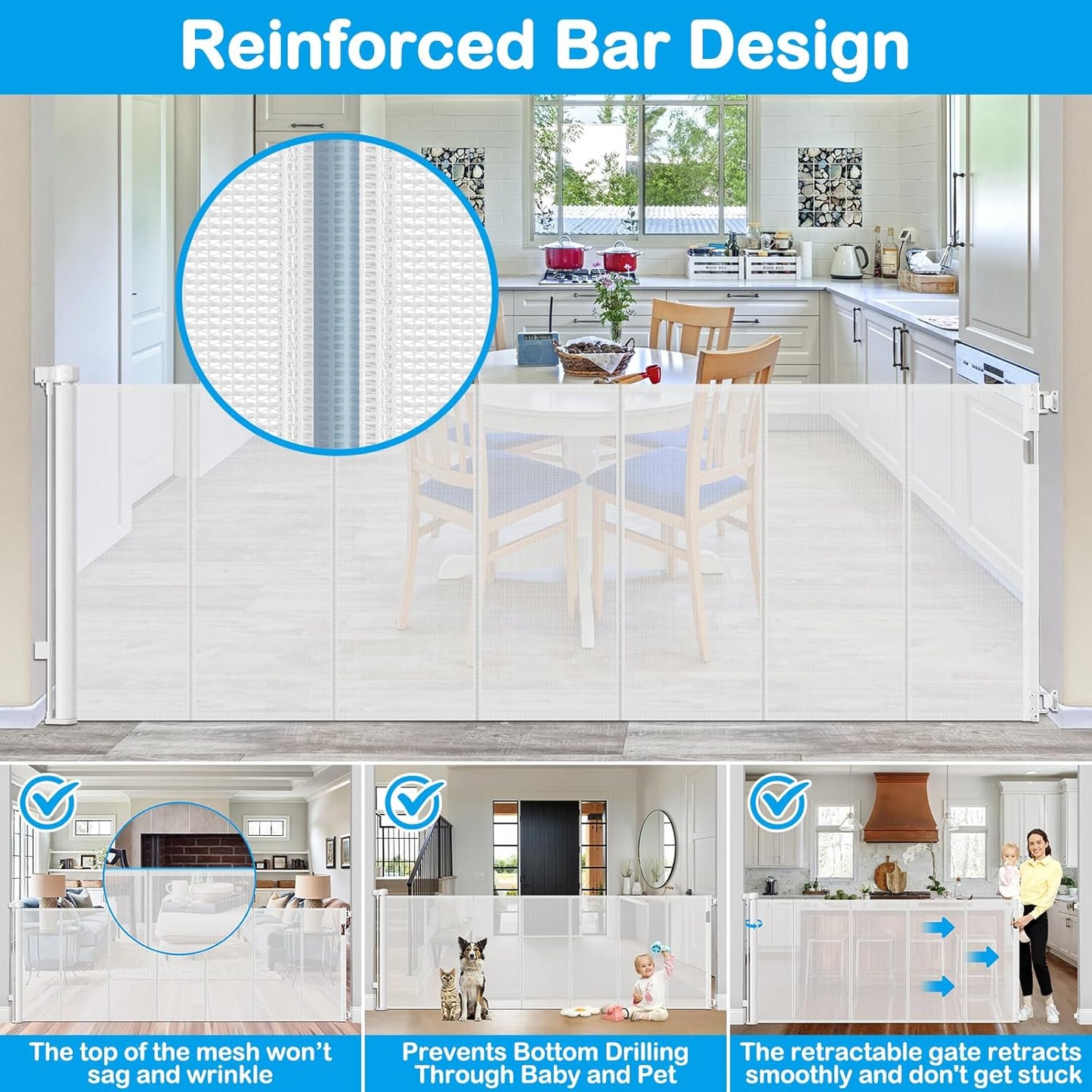 Reinforced 42" Extra Tall Retractable Dog Gate, 200" Extra Wide Baby Gate with Support Rods-Prevent Crawling Through, Outdoor/Indoor Baby Fence/Barrier/Blocker for Home, 16ft Retractable Garage Gate