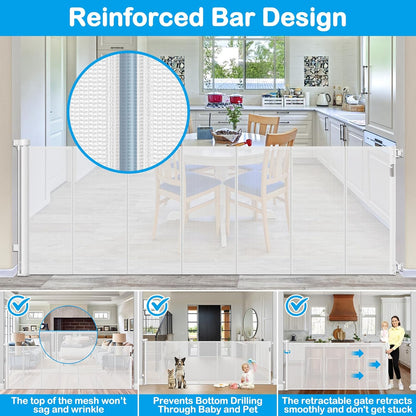 Reinforced 42" Extra Tall Retractable Dog Gate, 200" Extra Wide Baby Gate with Support Rods-Prevent Crawling Through, Outdoor/Indoor Baby Fence/Barrier/Blocker for Home, 16ft Retractable Garage Gate