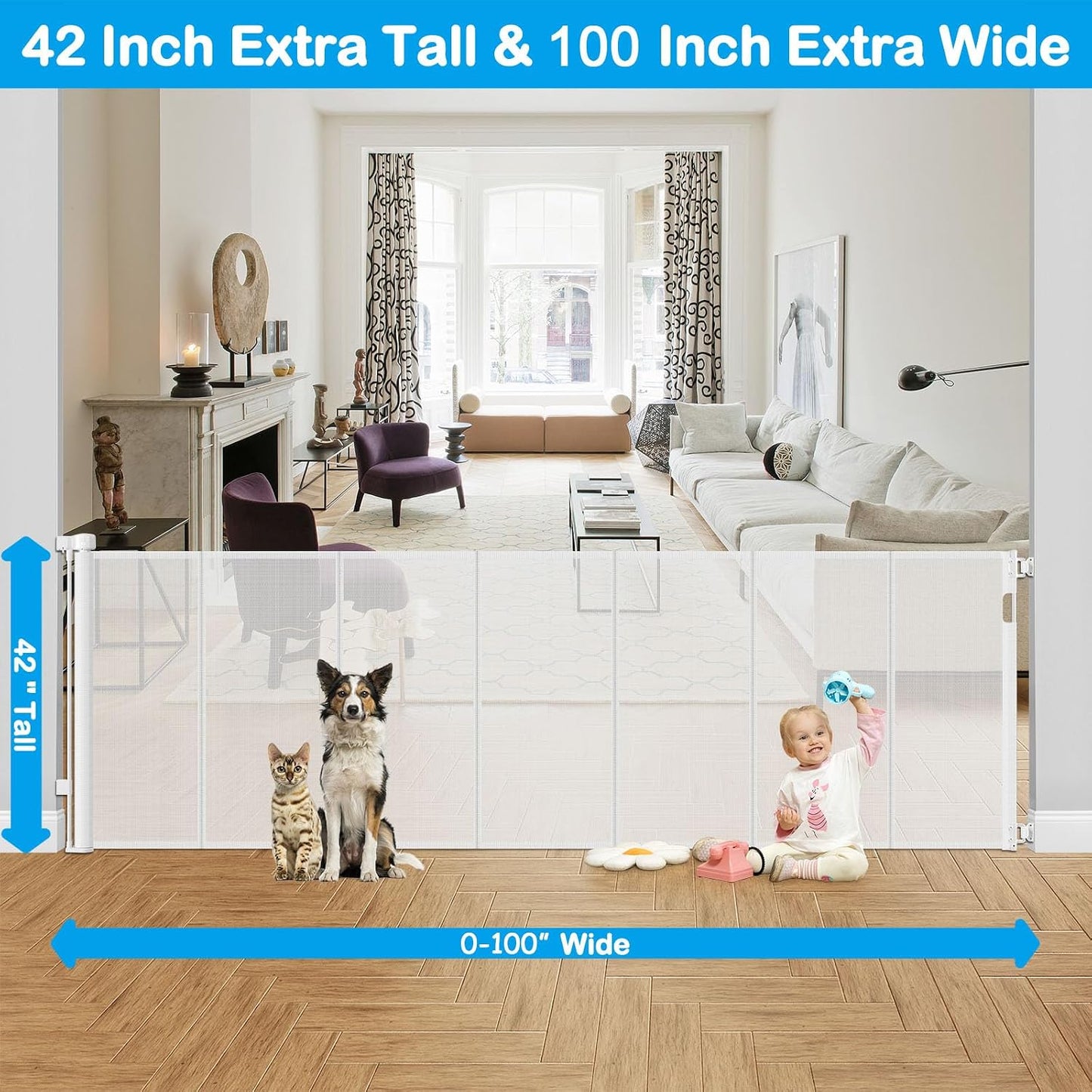 Reinforced 42" Extra Tall Retractable Dog Gate, 200" Extra Wide Baby Gate with Support Rods-Prevent Crawling Through, Outdoor/Indoor Baby Fence/Barrier/Blocker for Home, 16ft Retractable Garage Gate