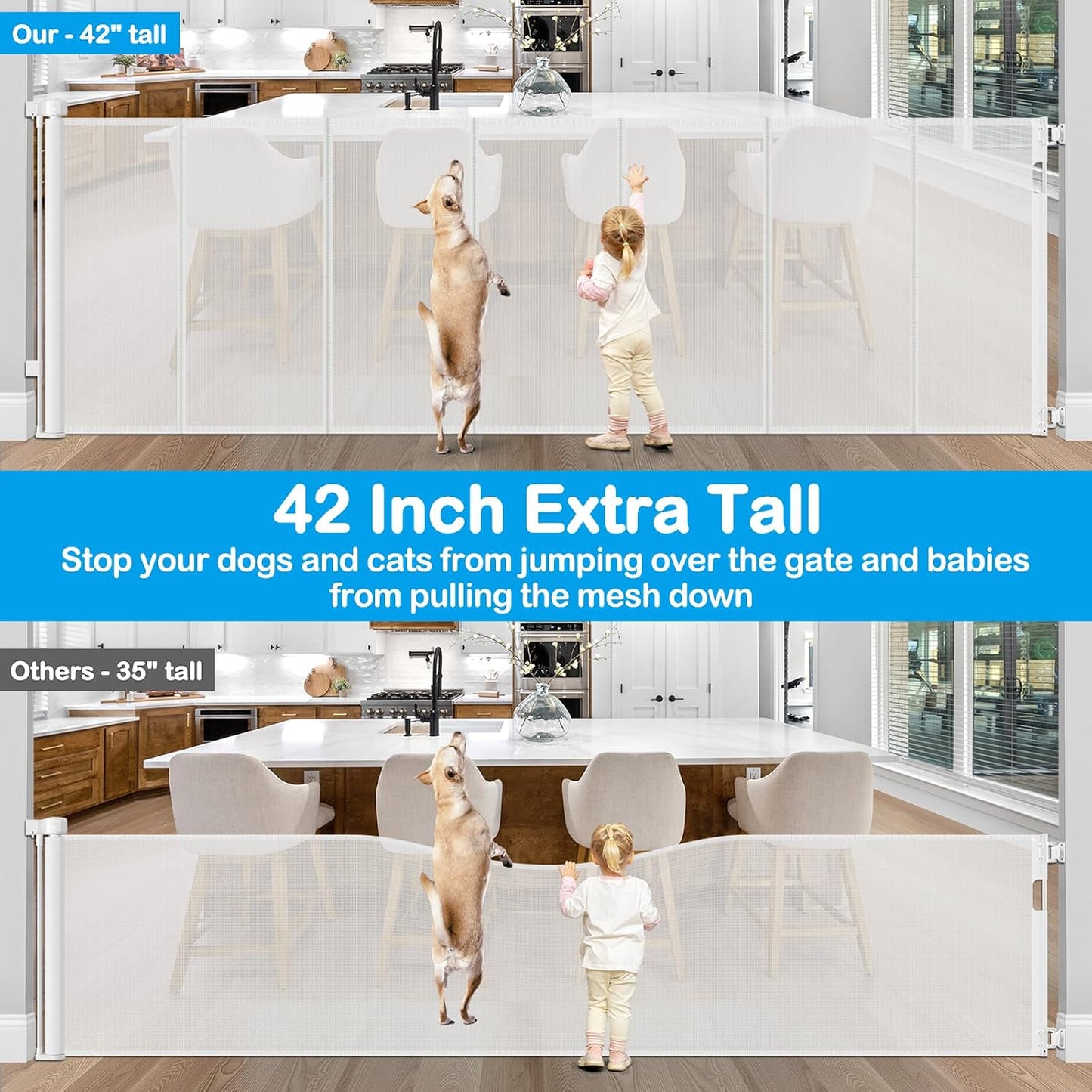 Reinforced 42" Extra Tall Retractable Dog Gate, 200" Extra Wide Baby Gate with Support Rods-Prevent Crawling Through, Outdoor/Indoor Baby Fence/Barrier/Blocker for Home, 16ft Retractable Garage Gate