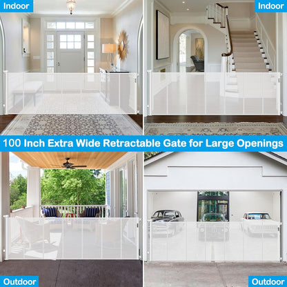Reinforced 42" Extra Tall Retractable Dog Gate, 200" Extra Wide Baby Gate with Support Rods-Prevent Crawling Through, Outdoor/Indoor Baby Fence/Barrier/Blocker for Home, 16ft Retractable Garage Gate