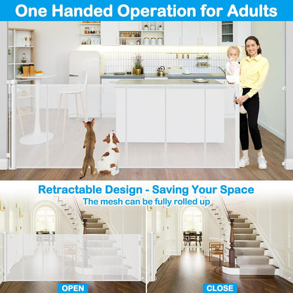Reinforced 42" Extra Tall Retractable Dog Gate, 200" Extra Wide Baby Gate with Support Rods-Prevent Crawling Through, Outdoor/Indoor Baby Fence/Barrier/Blocker for Home, 16ft Retractable Garage Gate