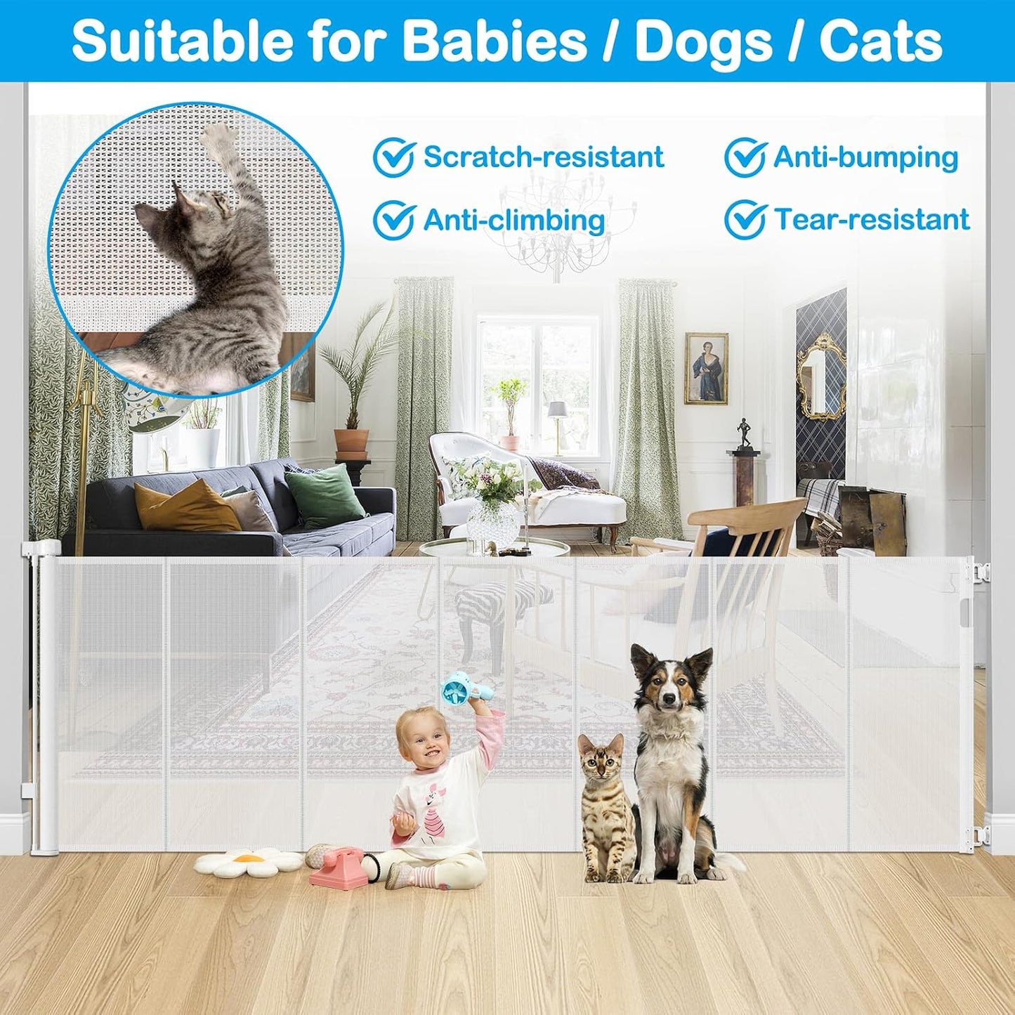 Reinforced 42" Extra Tall Retractable Dog Gate, 200" Extra Wide Baby Gate with Support Rods-Prevent Crawling Through, Outdoor/Indoor Baby Fence/Barrier/Blocker for Home, 16ft Retractable Garage Gate