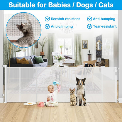 Reinforced 42" Extra Tall Retractable Dog Gate, 200" Extra Wide Baby Gate with Support Rods-Prevent Crawling Through, Outdoor/Indoor Baby Fence/Barrier/Blocker for Home, 16ft Retractable Garage Gate