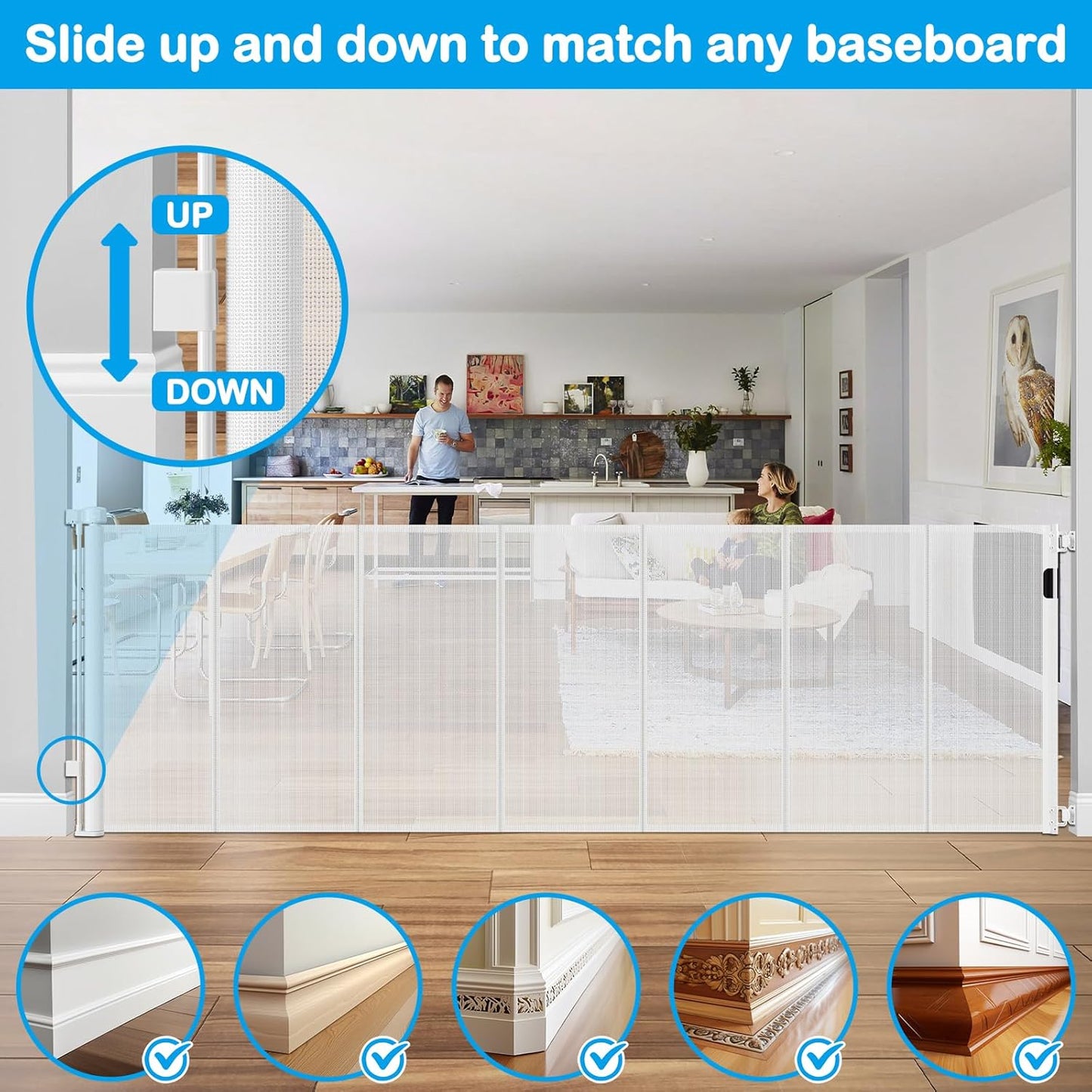Reinforced 42" Extra Tall Retractable Dog Gate, 200" Extra Wide Baby Gate with Support Rods-Prevent Crawling Through, Outdoor/Indoor Baby Fence/Barrier/Blocker for Home, 16ft Retractable Garage Gate