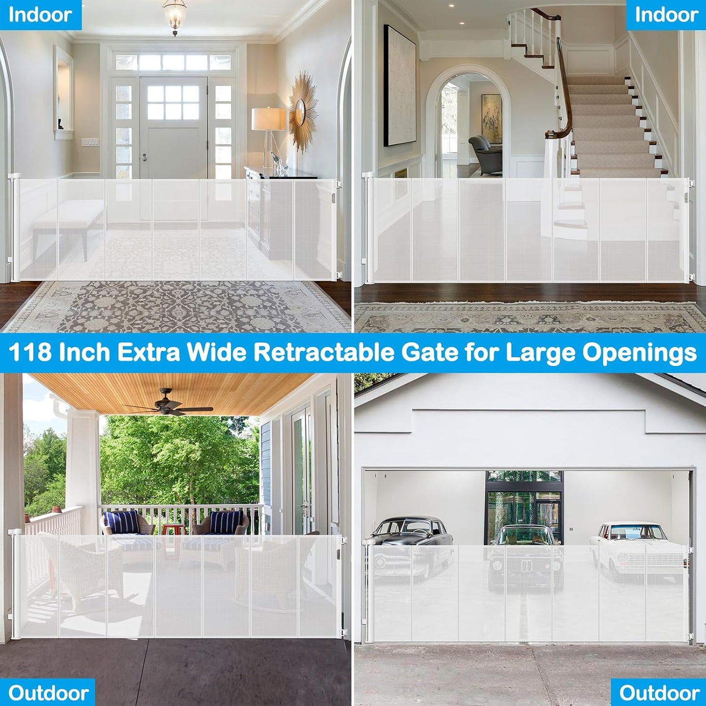 Reinforced 42" Extra Tall Retractable Dog Gate, 200" Extra Wide Baby Gate with Support Rods-Prevent Crawling Through, Outdoor/Indoor Baby Fence/Barrier/Blocker for Home, 16ft Retractable Garage Gate