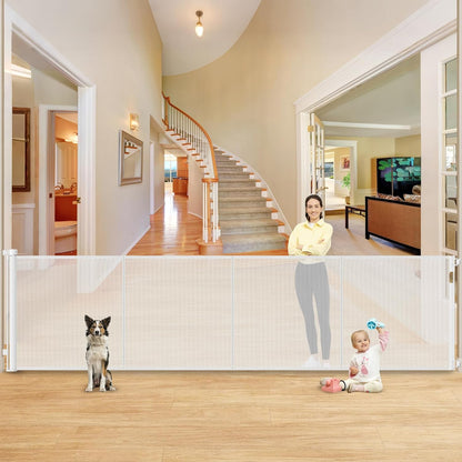 Reinforced 42" Extra Tall Retractable Dog Gate, 200" Extra Wide Baby Gate with Support Rods-Prevent Crawling Through, Outdoor/Indoor Baby Fence/Barrier/Blocker for Home, 16ft Retractable Garage Gate