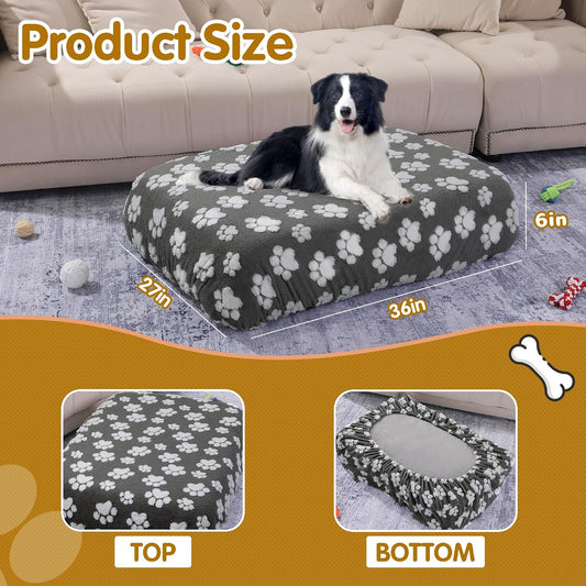 Washable Dog Bed Cover 100% Waterproof, Soft Plush Velvet Dog Bed Covers Replacement Only, Fitted Reusable Cover for Pet Mat Bed(44x35x6in)