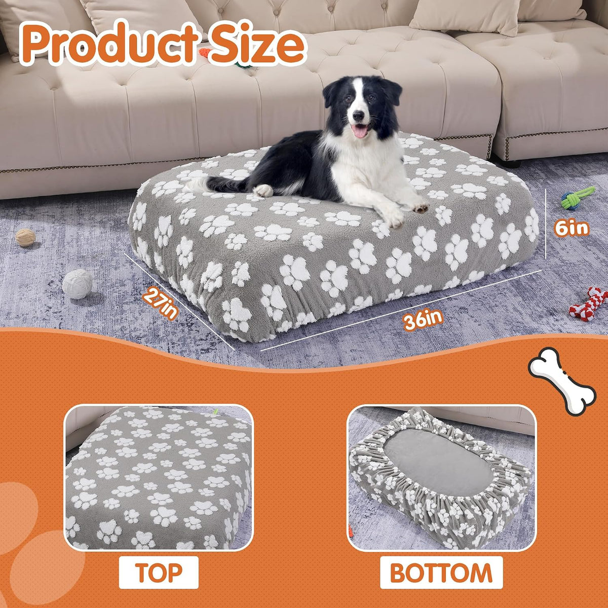 Washable Dog Bed Cover 100% Waterproof, Soft Plush Velvet Dog Bed Covers Replacement Only, Fitted Reusable Cover for Pet Mat Bed(44x35x6in)